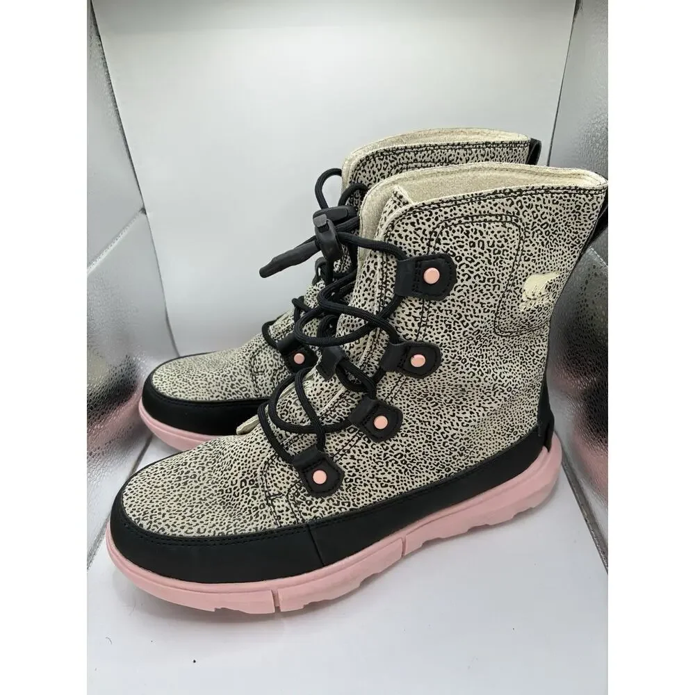 Sorel Explorer Lace Youth 6 Animal Print Waterproof Boots Womens 7.5 Pink Sole